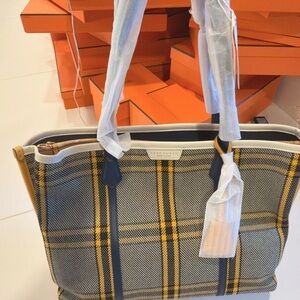 Tory Burch Yellow and Blue Plaid Tote